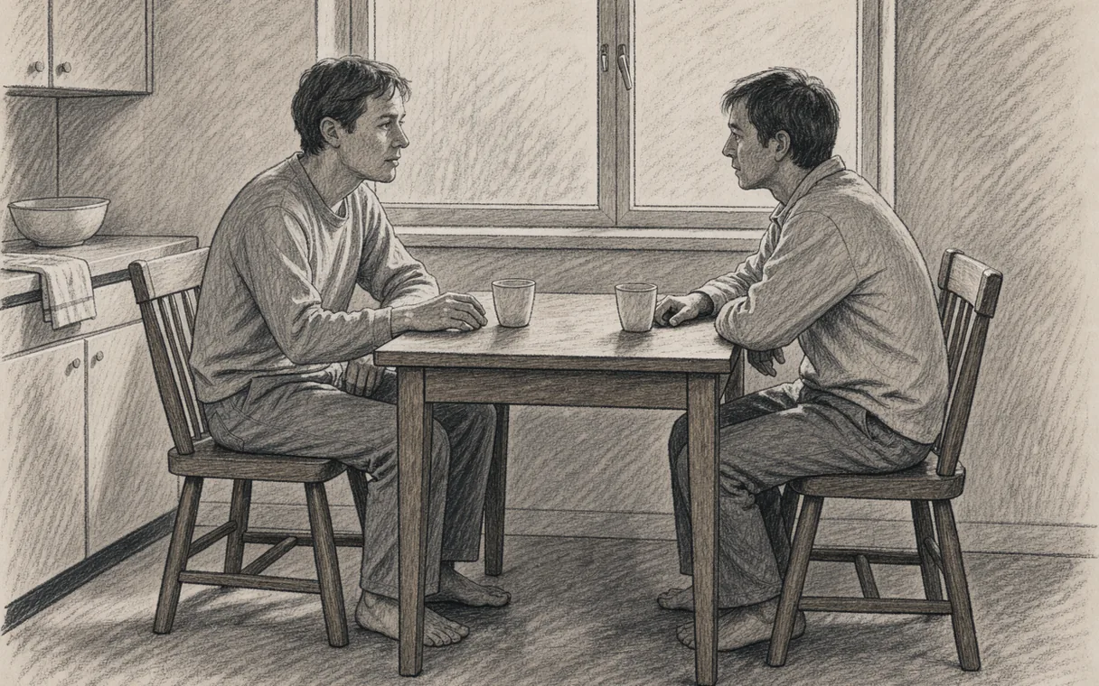 Two fully clothed adults talking across a table beside a window