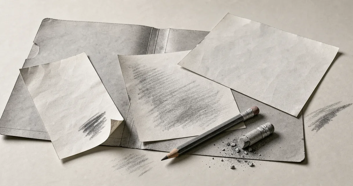 An open blank paper folder with loose slips and a graphite pencil