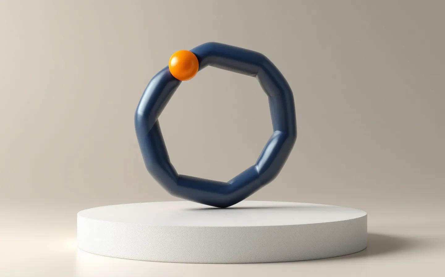 Editorial product-hero rendering of a cyclic heptapeptide ring on a soft pedestal in dark navy with a single orange accent node