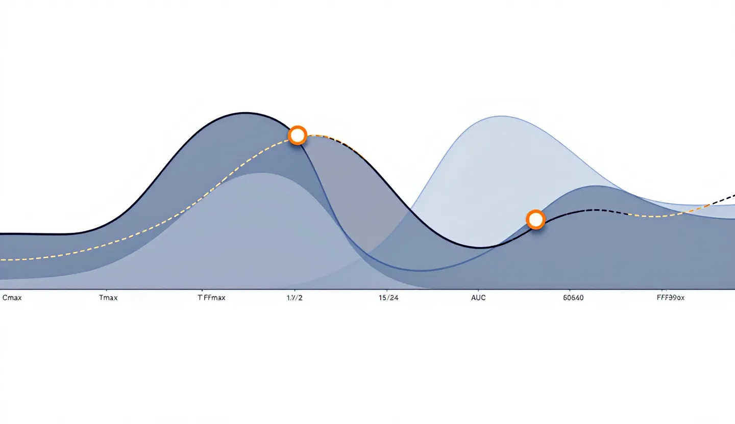 Editorial card-style pharmacokinetic curve in dark navy with orange Tmax and half-life markers