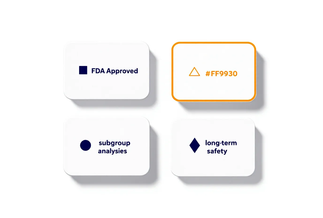 Four regulatory-status product tiles in dark navy with one orange-outlined featured tile