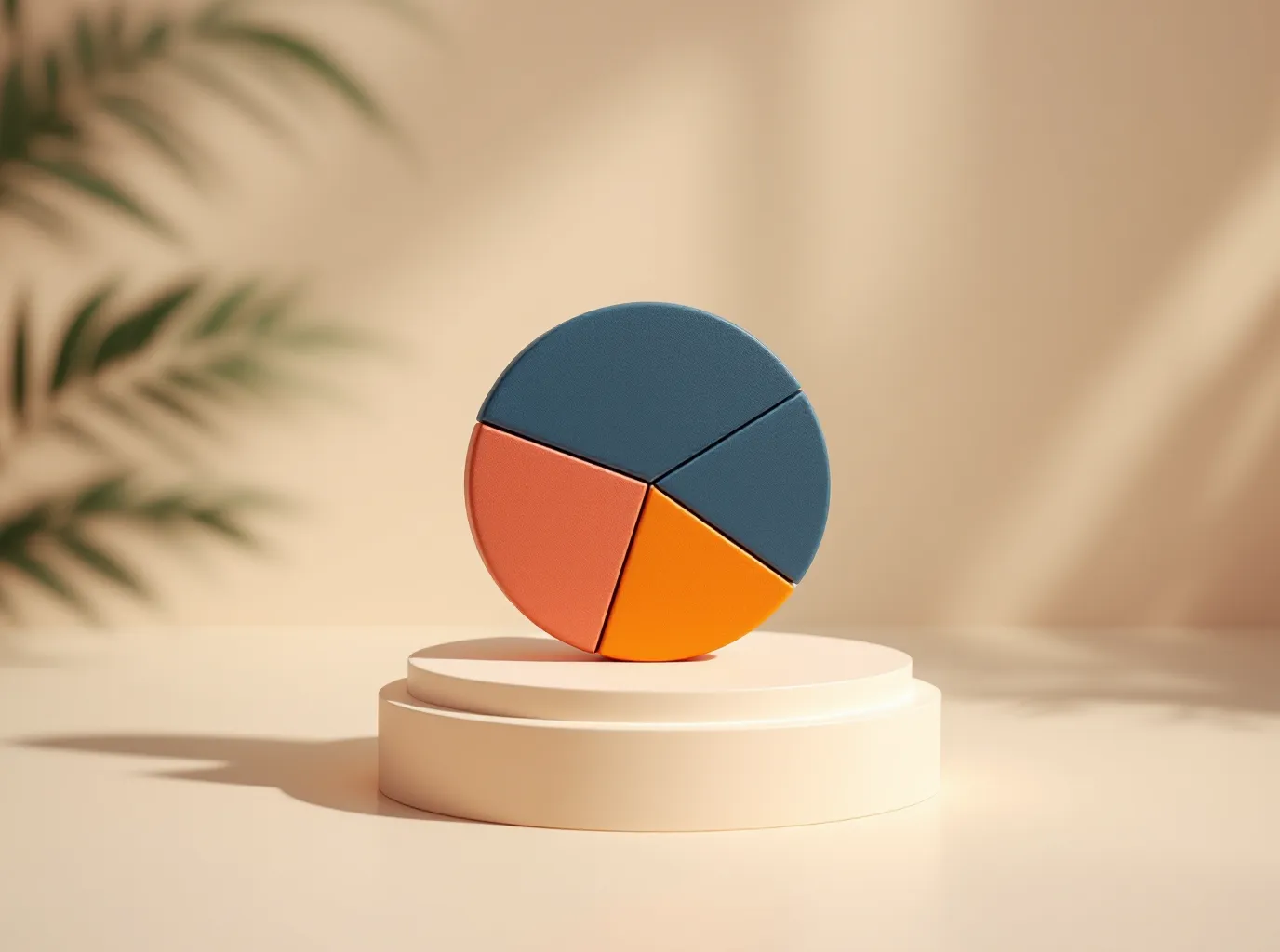 Editorial product-pedestal rendering of a four-wedge proportion object in dark navy with a single orange wedge