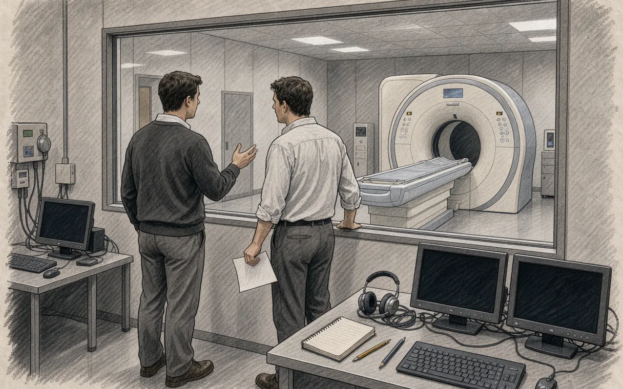 Two anonymous research staff beside a brain scanner control-room window