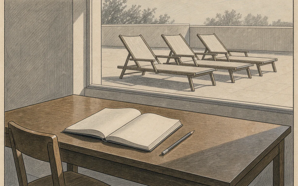 Graphite illustration of sunlit reclining chairs and a research notebook