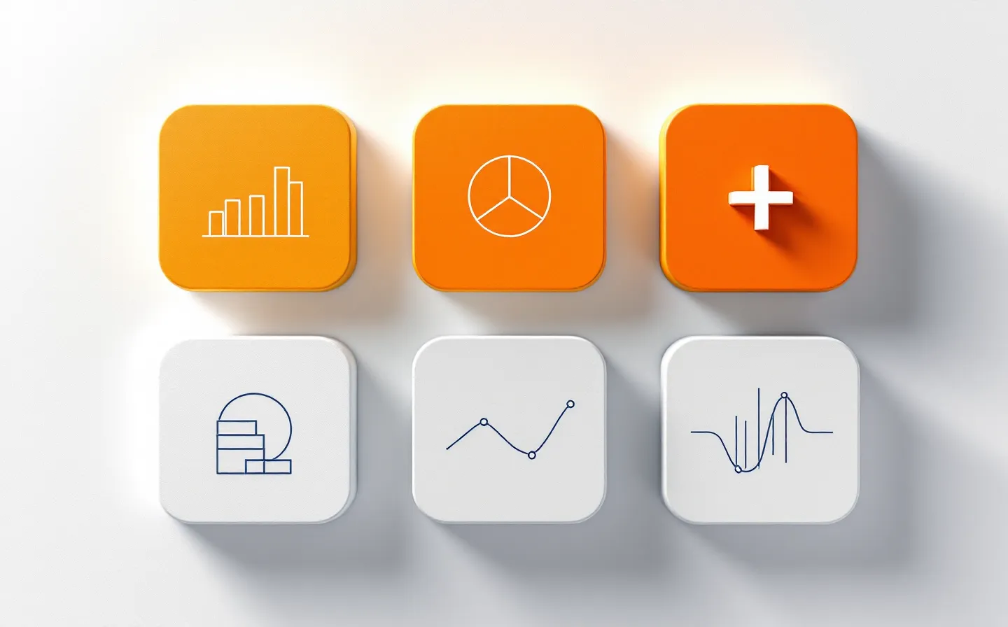 Six abstract trial-data tiles arranged in a product-grid composition with one orange featured tile